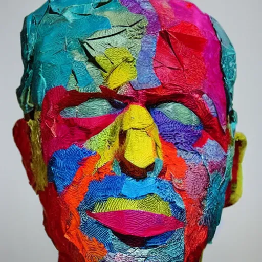 Prompt: a photograph of a man made entirely of colorful papier mache