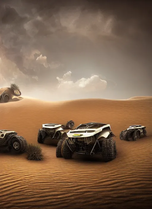 Image similar to 3 speeding quads on a dune in the desert in front of a huge stormcloud made of electric waste on the horizont , dust in the air, dark sun, concept art, dystopic, unreal, cineastic