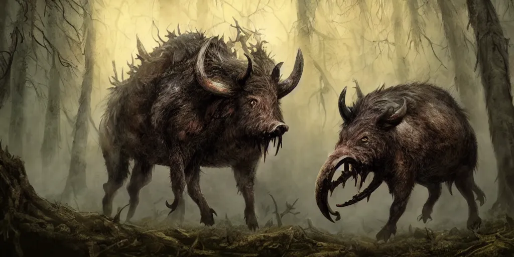 Prompt: scary monster wild boar god with bloody eyes and many tusks, in dark woods, dim colors, forest, highly detailed illustration, masterpiece, fantasy, magical, hyperdetailed, realistic, witch fairytale, 4 k, 8 k, highly detailed matte painting, dungeons and dragons