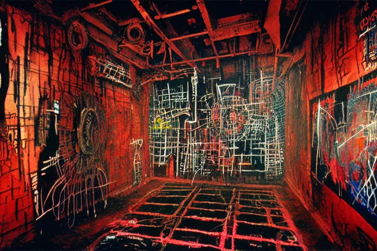 Image similar to the inside of a symmetrical hellish dungeon, mirrors and ancient gears, matte painting, 4 k, epic composition, volumetric light, abstract illusionism, by william stout, jean - michel basquiat, pour paint, modern street art, grunge wall, industrial