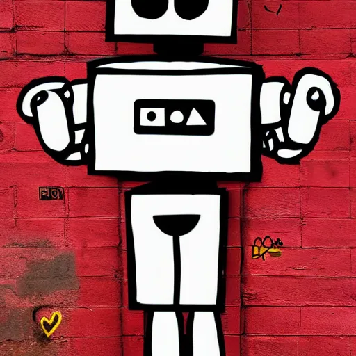 Image similar to a robot holding a rose in the style of Banksy, graffiti, digital art