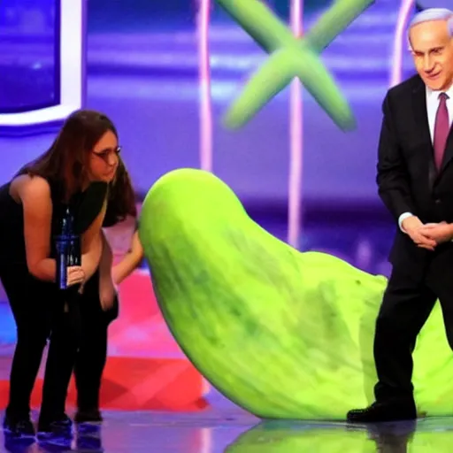 Prompt: benjamin netanyahu getting slimed at the kid's choice awards, sharp focus, highly detailed