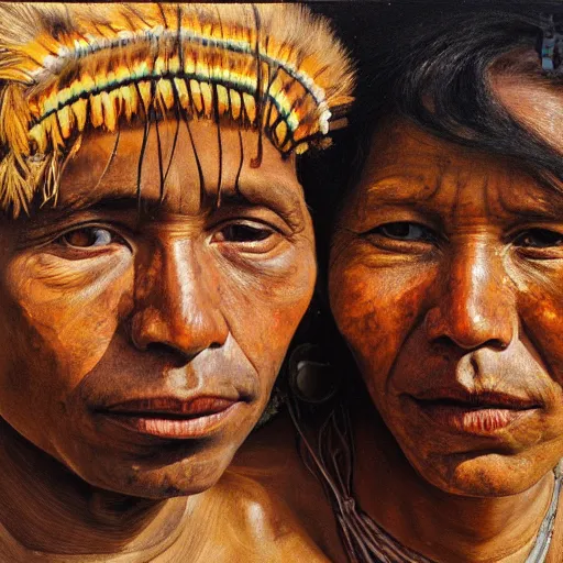 Prompt: high quality high detail painting by lucian freud, hd, portrait of a indigenous tribe couple, photorealistic lighting