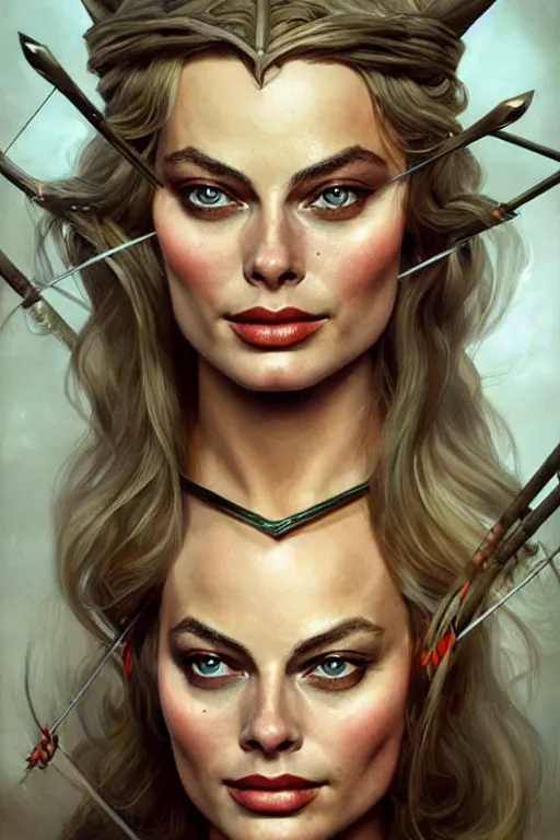 Image similar to portrait of margot robbie as an elven archer, dark, piercing eyes, gentle expression, elegant clothing, photorealistic, highly detailed, artstation, smooth, sharp focus, art by michael whelan, artgerm, greg rutkowski and alphonse mucha