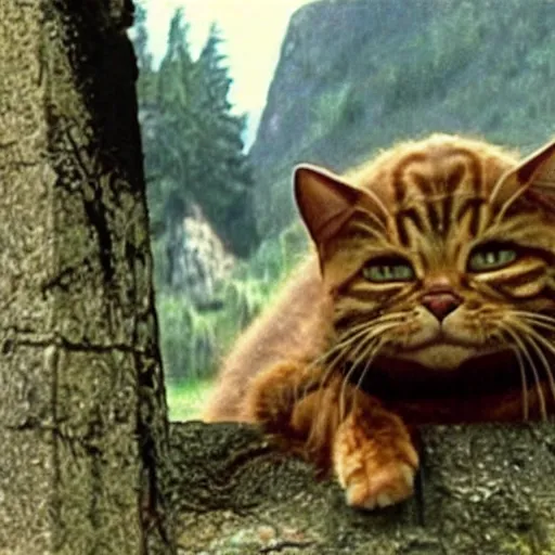 Prompt: A still of Garfield the cat in Rambo First Blood (1982)