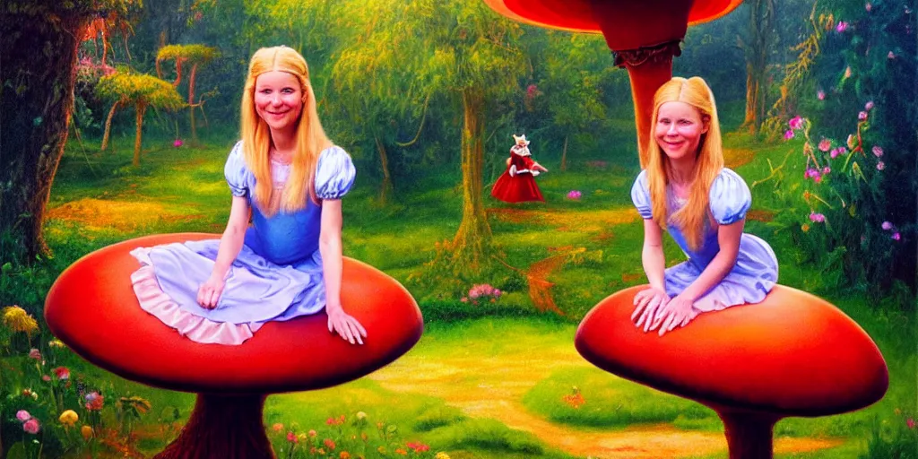 Prompt: oil painting of very young gwyneth paltrow as alice from alice in wonderland, sitting cross legged on a giant mushroom, vibrant colors, atmospheric, mist, magical, fantasy, michael whelan art, artstation