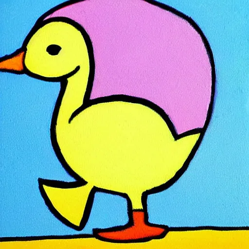 Image similar to the painting is a yellow duck with a pink beak and a blue head.