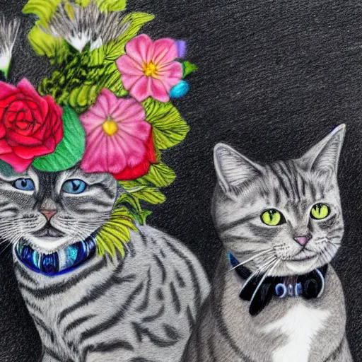 Prompt: animal friends portrait of a grey tabby cat wearing top hat sitting next to a black cat wearing a flower lei necklace, city skyline in the background, detailed colored pencil drawing 4 k