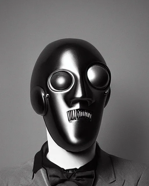 Image similar to Eddie Mendoza portraits of a anthropomorphic-robot cyber-face techno mask in black tie suit retro photo by Louis Daguerre