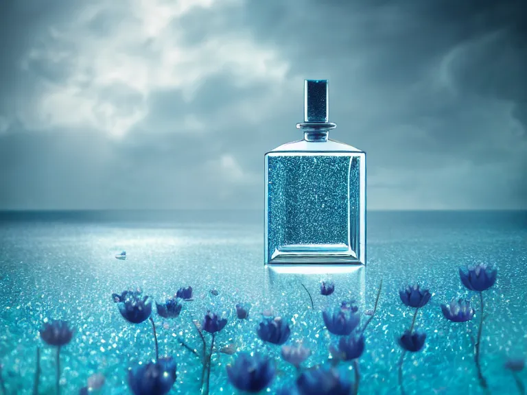 Image similar to perfume bottle standing in a glittering oasis in deep blue pond water surrounded blue flowers by zaha hadid ; octane highly render, 4 k, ultra hd, 2 0 0 mm, mute dramatic colours, soft blur outdoor stormy sea background, volumetric lighting