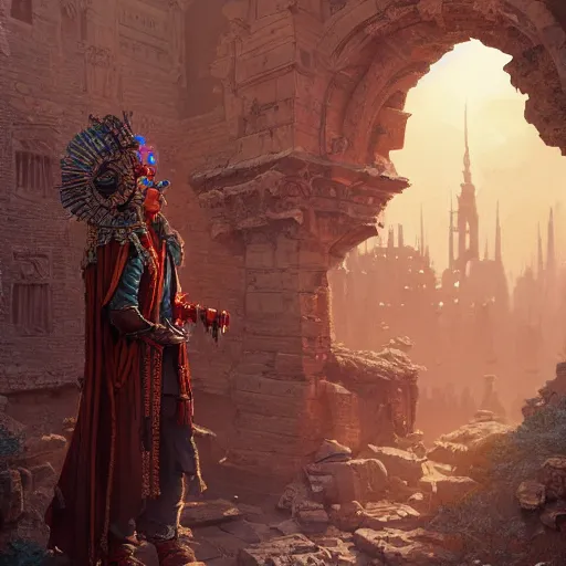 Image similar to alchemist wearing an ornate bronze headdress and red robes standing in a sandstone ruin intricate artwork by Tooth Wu and wlop and beeple and Dan Mumford. Octane render, trending on artstation, greg rutkowski very coherent symmetrical artwork. Cynematic, hyper realism, high detail 8k