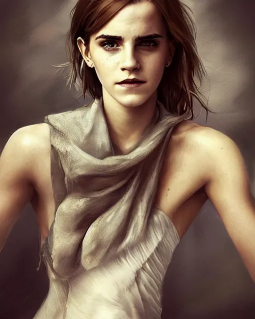 Image similar to clear portrait of emma watson, somber appearance, ripped clothing, looking her shoulder, background hyper detailed, character concept, full body, dynamic pose, intricate, elegant, highly detailed, digital painting, artstation, concept art, smooth, sharp focus, illustration, art by artgerm and greg rutkowski and alphonse mucha