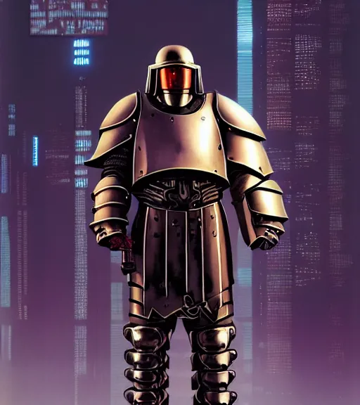 Prompt: a tall and fat cyberpunk paladin in rounded heavy plate armor wearing a crusaders helmet he is holding a large long sword in a cyberpunk setting, 1 9 7 9 omni magazine cover, style by vincent di fate, artgerm, cyberpunk 2 0 7 7, very coherent, detailed, 4 k resolution, unreal engine, daz