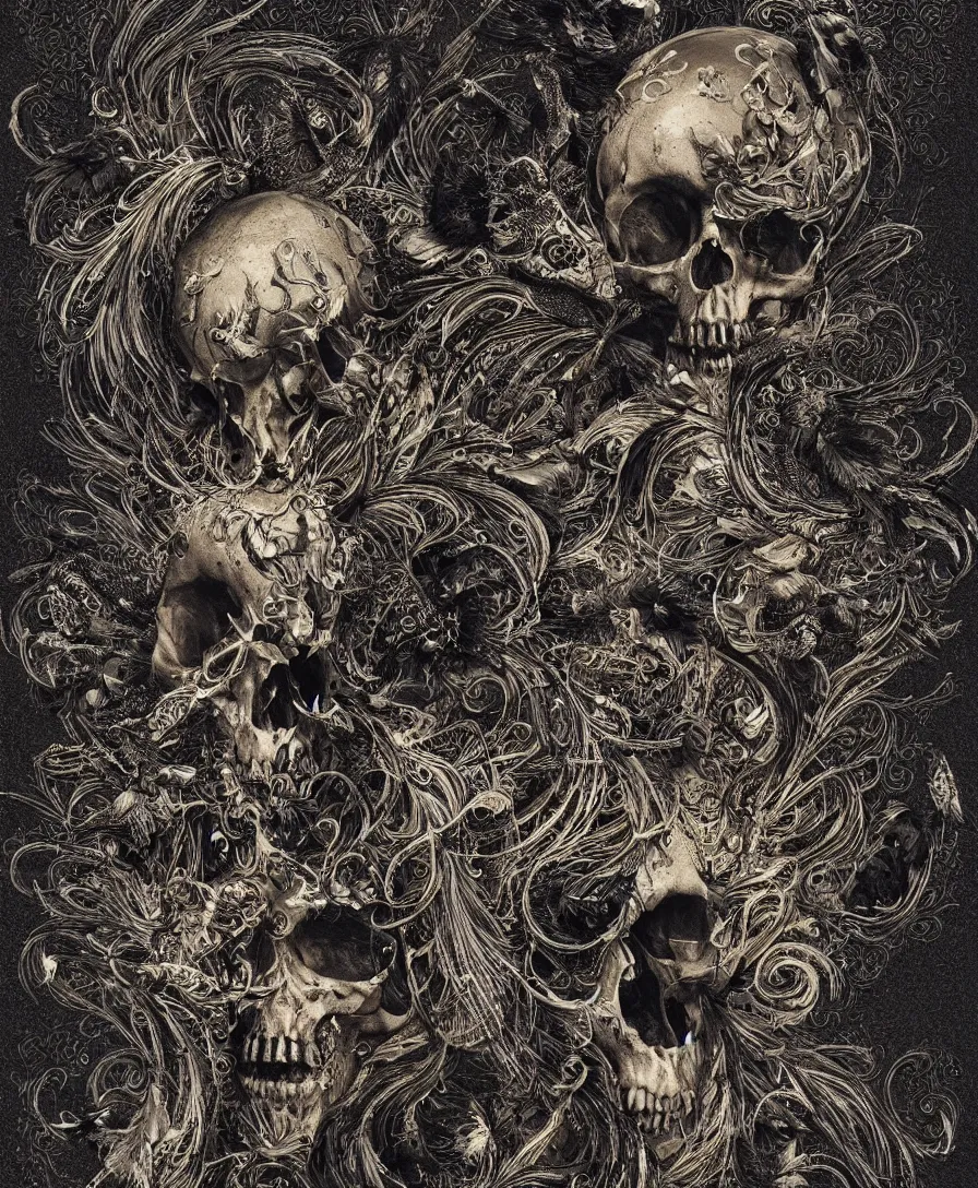 Image similar to golden baroque ornate glossy skull, black feathers of birds. line-drawn feather details. black baroque ornate. black background. detailed feathers. highly detailed. trending on artstation. zdzislaw beksinski. emil melmoth. octane render