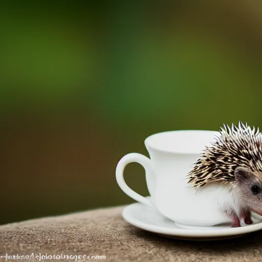 Prompt: baby hedgehog in a teacup, photography, bokeh, sigma 5 0 mm f / 1. 4, minimalistic, 8 k