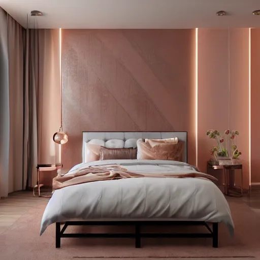 Image similar to 3 d render of modern bedroom in rose gold accents