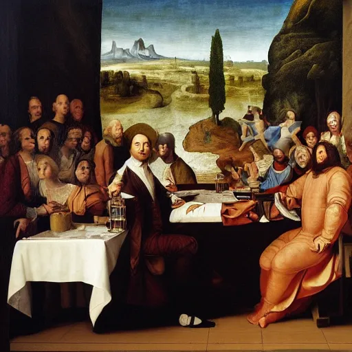 Prompt: Elon musk sitting on a wooden table, renaissance painting, 1700s, old