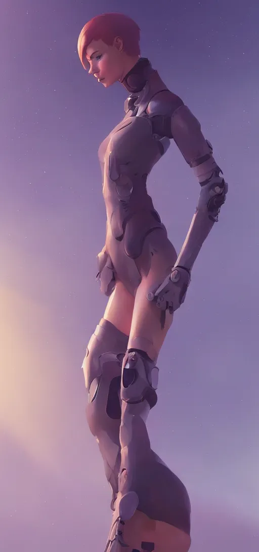 Image similar to sci fi female character, muted colored bodysuit, sci-fi large mechanical boots that go up to the thigh, soft lighting, wojtek fus, by Makoto Shinkai and Ilya Kuvshinov,