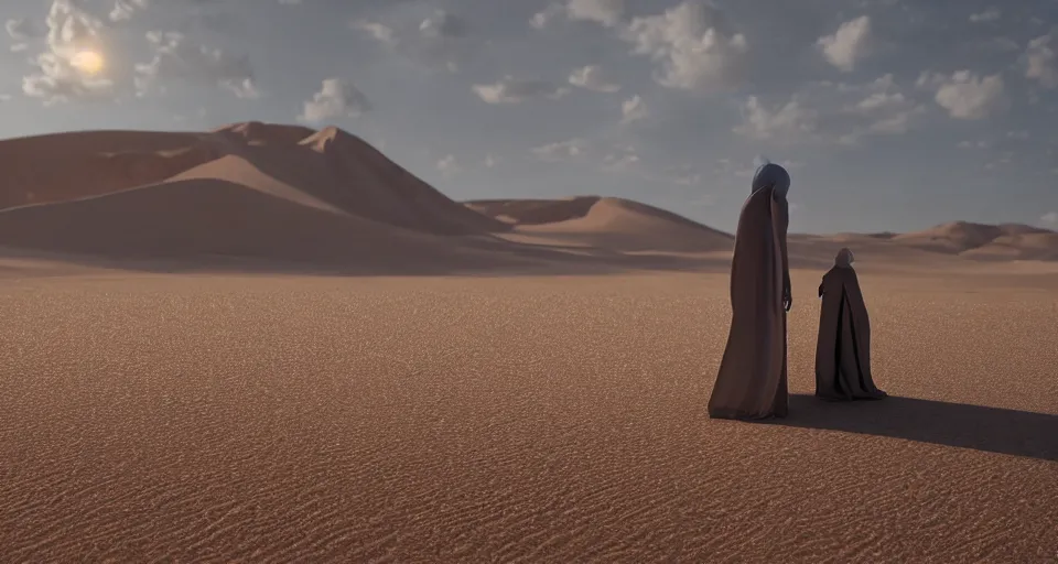 Prompt: a lone mage in a giant desert full of endless sand and dry air, hot sun burning mercylessly from above, lifeless feeling of dread, octane render, unreal engine, 8k high definition