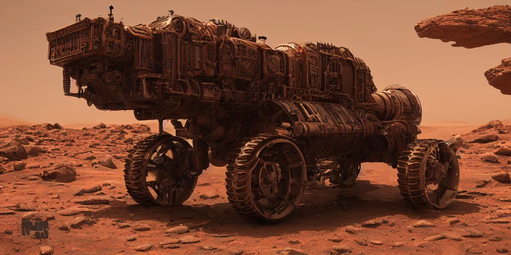 Prompt: steampunk cybertruck rolling on mars 3 d concept art, dust around, cinematic lighting, intricate details, octane rendering, trending on artstation, featured on behance