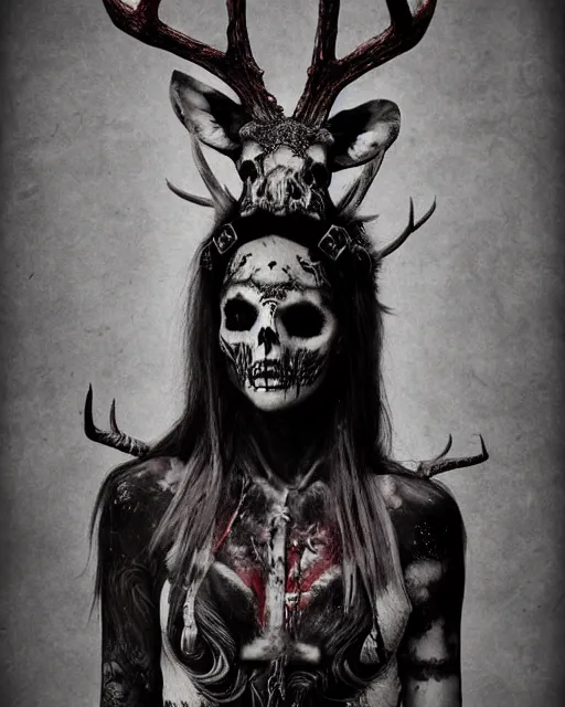 Image similar to deer - skull sisters ghost - spirit of the grim - warpaint wears the scarlet skull armor and native blood headdress antlers, midnight fog - mist!, cinematic lighting, various refining methods, micro macro autofocus, ultra definition, award winning photo, photograph by ghostwave - gammell - giger - shadowlord