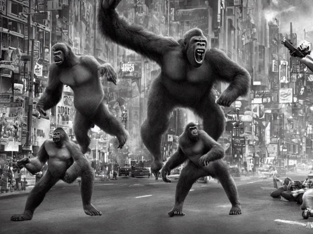 Image similar to An king Kong rage on street, Hollywood scene , cinematic , 2012, end of the world movie , full color