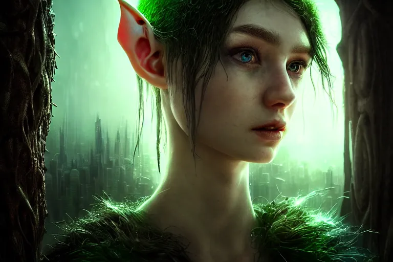 Prompt: an ultra realistic, cinematic, fantasy, headshot portrait, of an elden ring elf, fairy lights, facial features, background of a vast dystopian cityscape, with trees and neon lights, detailed, deep focus, movie still, dramatic lighting, ray tracing, by michal karcz and yoshitaka amano