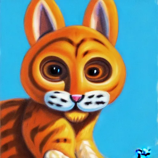 Prompt: orange - furred anthropomorphic bobcat with a light - colored muzzle, stomach, and soles, brown - tufted ears, a short tail with a dark tip, clawed hands, and blue eyes wearing a white t - shirt with a red exclamation mark on it, trending on artstation, detailed, oil on canvas