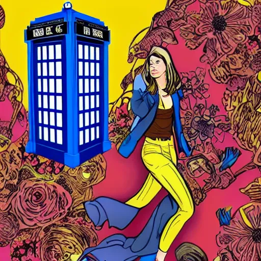 Prompt: rosamund pike with dark - hair as the doctor, wearing a colourful floral patterned suit, in the background is the tardis, bold complementary colours, 2 d matte, comic book art, art by michael choi and joe madureira,