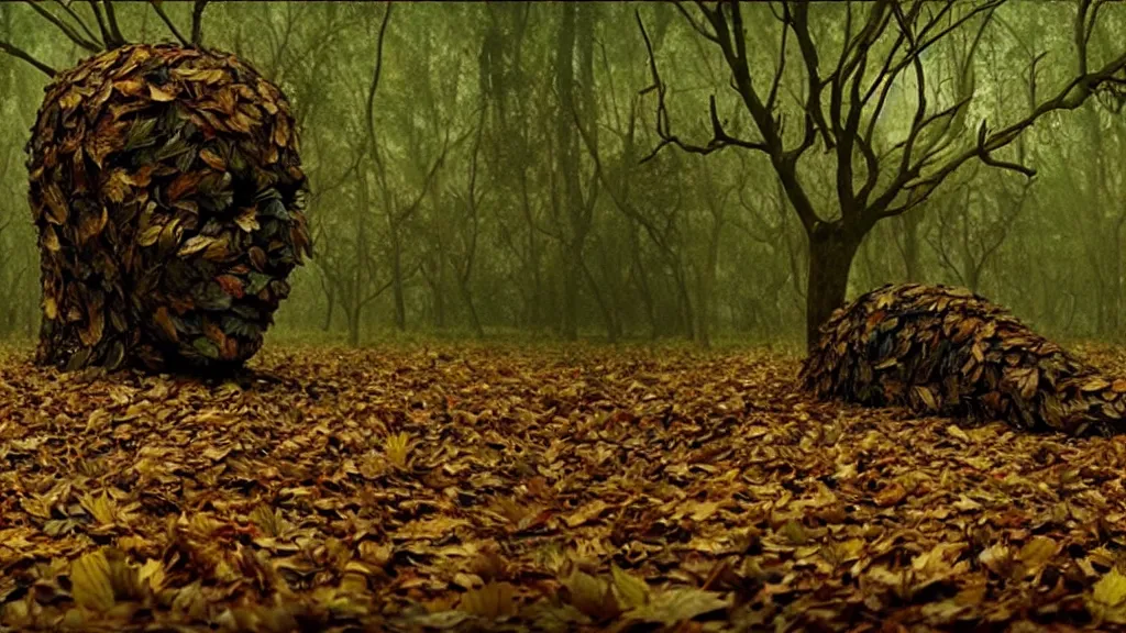 Image similar to the strange creature, made of leaves, film still from the movie directed by Denis Villeneuve with art direction by Salvador Dalí, wide lens