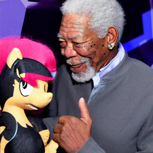 Image similar to morgan freeman punching a my little pony character