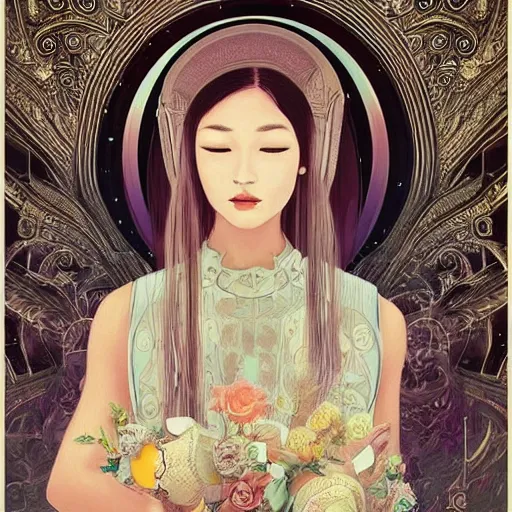 Image similar to intricate, amazing, retro vintage and romanticism, painting by natelle quek, soft color palette, highly detailed, godess from space sci - fi of ancient religion