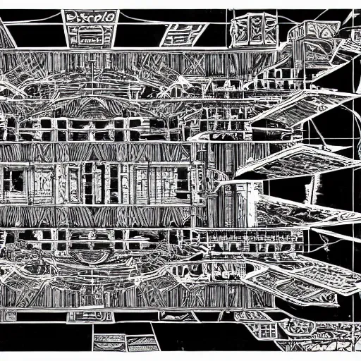 Image similar to Technical drawing of the temple made from abandoned graffiti architecture fused with color glitch fused with geo strata chart fused with broken floor plans, highly detailed , black and white color scheme, fine lines and graphite, stanley donwood,