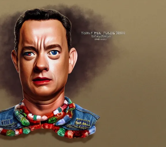 Image similar to Tom hanks as forrest gump wearing a necklace of shrimps around the neck, realistic face, digital art, in the style of Vitaly Samarin Alexiu, amazing detail, artstation