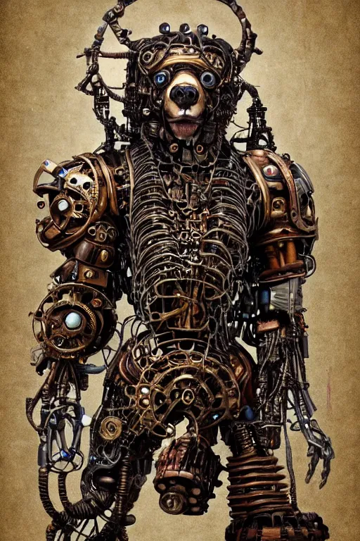 Image similar to wild monstorous anthropomorphic biomechanical bear shaman wearing steampunk artifacts. Have dreadlocks made of cables and wires. Upgraded with hightech cyberwares. huge, big, giant bear human hybrid, mecha animal, tall, very detailed woodcut armor, terrifying and dangerous, scary, beautiful, steampunk monster android hybrid art portrait, matte scifi fantasy painting, half robot half bear. Fullbody, Centered uncut. Focus on face 50px margins on every side.. DeviantArt Artstation, by Igor Goryunov, featuring Jason Felix, Steve Argyle, Tyler Jacobson and Peter Mohrbacher, cinematic lighting