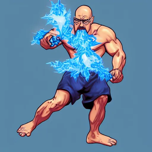 Image similar to buff Walter White Hadoken a ball of blue fire, accurate anatomy, accurate hands, highly detailed, digital art,