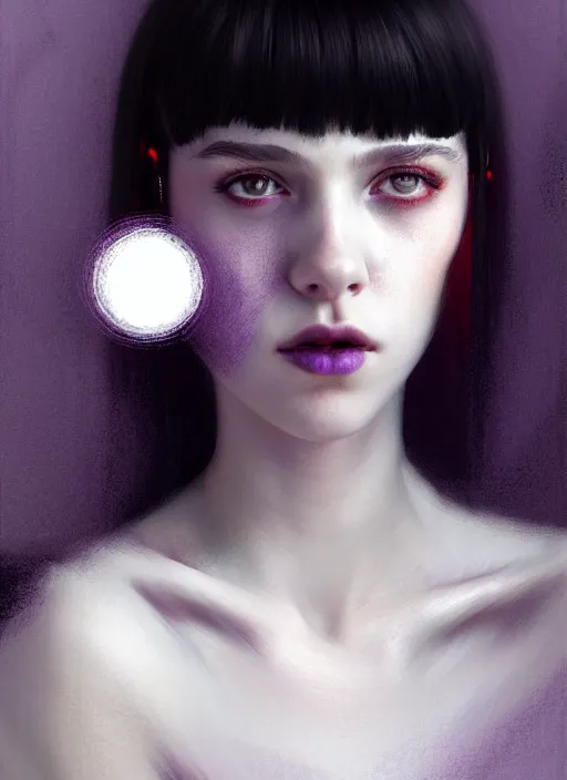 Image similar to portrait of teenage girl, red irises, bangs, black and white hair, white bangs, purple clothes, white bangs, bangs, black hair and white bangs, intricate, elegant, glowing lights, highly detailed, digital painting, artstation, concept art, smooth, sharp focus, illustration, art by wlop, mars ravelo and greg rutkowski