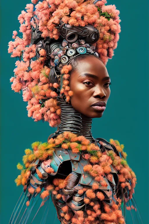 Image similar to hyperrealistic post - renaissance cinematic super expressive! yoruba goddess with exoskeleton armor, merging with tree in a forest, pink orange flowers, highly detailed digital art masterpiece, smooth cam de leon eric zener dramatic pearlescent soft teal light, ground angle hd 8 k, sharp focus