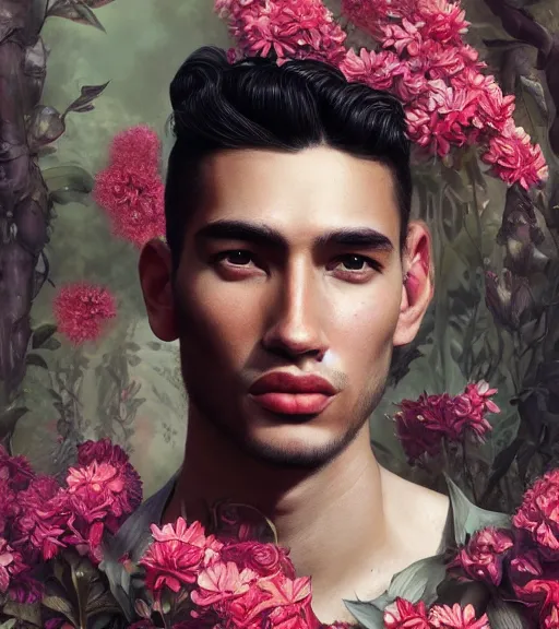 Image similar to portrait of a very handsome peruvian male model, surrounded by flowers by karol bak, james jean, tom bagshaw, rococo, trending on artstation, cinematic lighting, hyper realism, octane render, 8 k, hyper detailed.