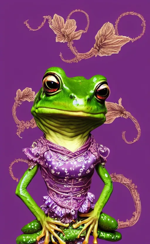 Image similar to cute purple female frog in enchanted rococo hanbok, full character, concept art, trending on artstation, in the style of alexander mcqueen, alexander jansson, jean - baptiste monge, george frederic watts