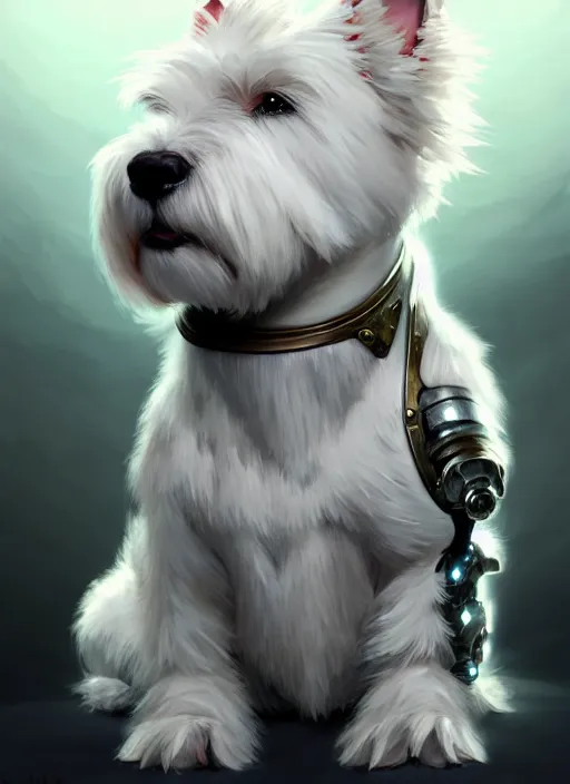 Image similar to a west highland white terrier sitting politely, facing the camera, anime art style, wearing futuristic, led - lit armor, and a cannon mounted on his back, portrait, high detail, sharp focus, digital painting, artstation, concept art, art by hayao miyazaki and artgerm and greg rutkowski and alphonse mucha.