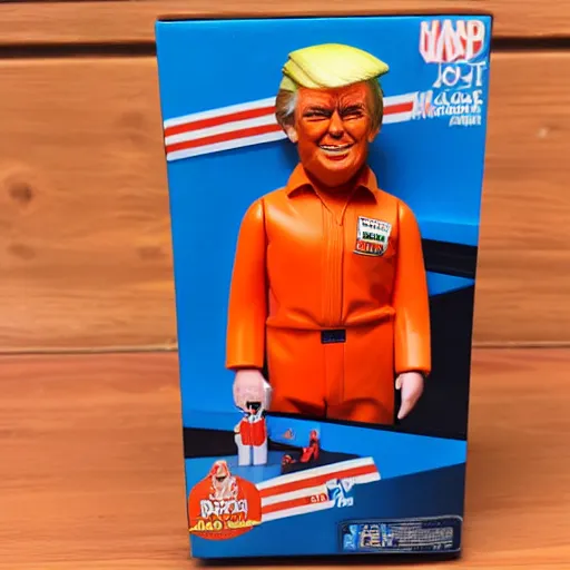 Prompt: toy action figure of donald trump in orange jumpsuit, happy meal toy, realistic, product photo