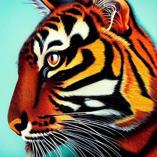 Image similar to an oil painting of gloppa with the pattern of tigers fur, tiger stripes, domestic caracal, cat, strong, dramatic impactful colors, by artgerm, hd, hdr, ue 5, ue 6, unreal engine 5, cinematic 4 k wallpaper, 8 k, ultra detailed, gta 5 cover art, high resolution, artstation, award winning