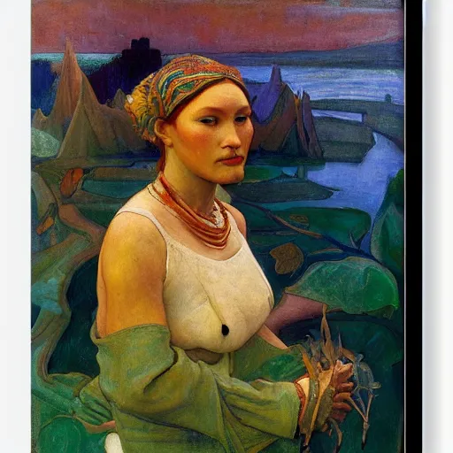 Prompt: the river crown, by Annie Swynnerton and Nicholas Roerich and Diego Rivera, green skin, elaborate costume, geometric ornament, rich color, dramatic cinematic lighting, smooth, sharp focus, extremely detailed