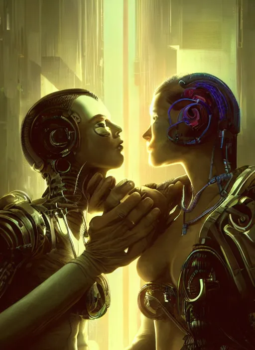 Image similar to cyberpunk, sci - fi, fantasy, ultra realistic medium shot of a couple of cyborgs kissing, lovers, joined by cables, backlight, led, unreal engine, octane render, soft light, night, highly detailed, digital painting, concept art, sharp focus, illustration, art by artgerm and greg rutkowski and alphonse mucha