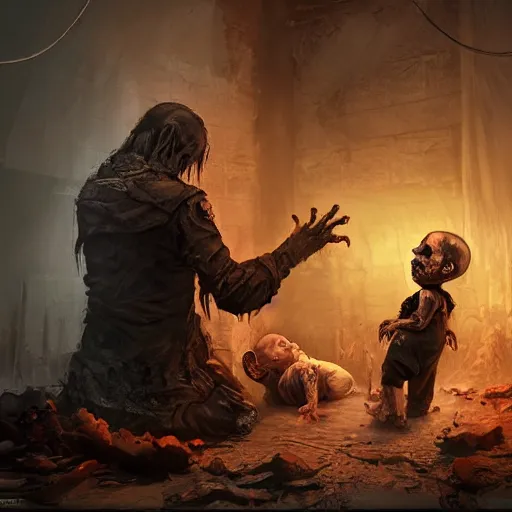 Image similar to The necromancer changes the diaper of his zombie baby, dramatic lighting, cinematic, establishing shot, extremely high detail, foto realistic, cinematic lighting, post processed, concept art, high details, cinematic, 8k resolution, beautiful detailed, photorealistic, digital painting, artstation, concept art, smooth, sharp focus, artstation trending, octane render, unreal engine