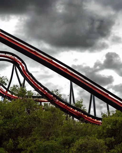 Image similar to a high definition photograph of a roller coaster track that goes out of sight into the dark clouds