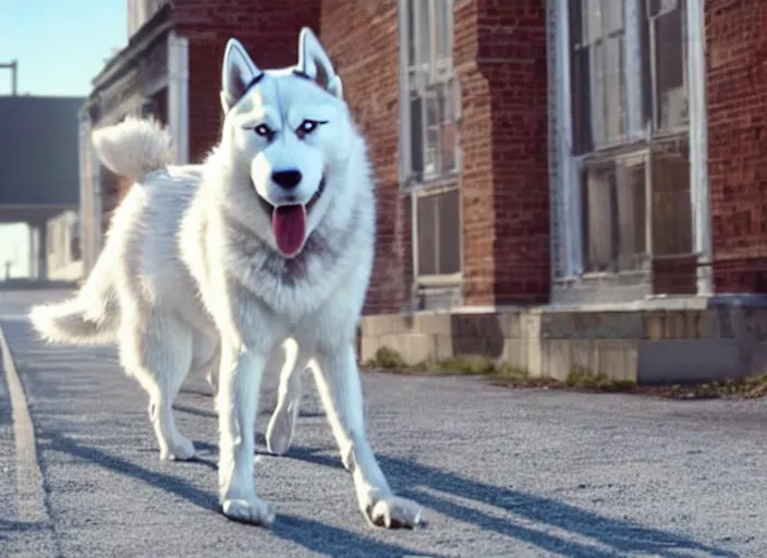 Prompt: film still of an anthropomorphic white vested husky!!!!!! in a white vest wearing a white vest!!!!! in the new kids movie, 8 k
