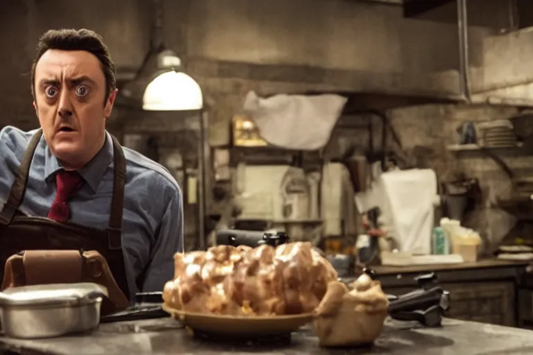 Prompt: a film still of Peter Serafinowicz as Derek Bum in the Warner Brothers movie Kitchen Gun, high quality