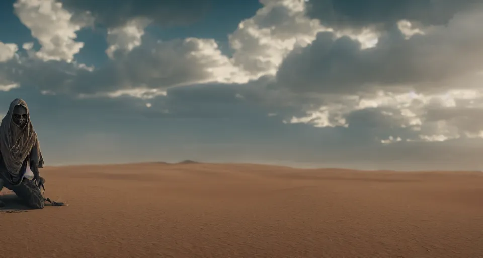 Prompt: a lonely necromancer kneeling on the sand of a mercyless desert, flickering air, hot sun from above, clouds in the sky, the feeling of dread and existential terror, style of magic artwork, octane render, unreal engine, 8k high definition